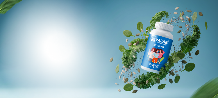 VAJAB supplement bottle surrounded by green leaves and seeds on a blue gradient background